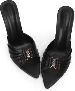 3.5 IN Stiletto Mules High Heels with Pointed Peep Toe Heeled Sandals Faux Leather