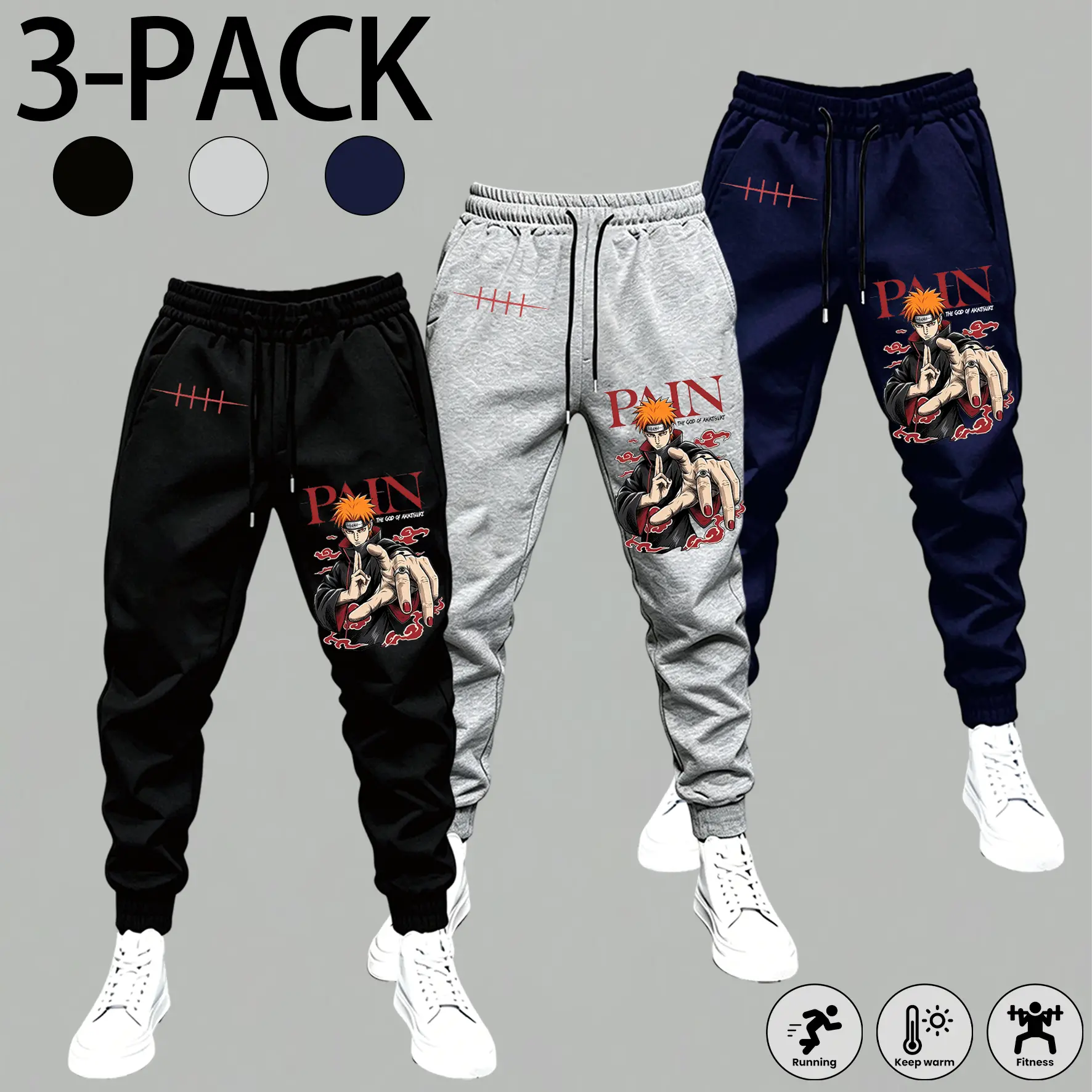 Fashion Anime Portrait Printed Sweatpants Adjustable Waist Casual Tapered Joggers For Sports Gym Daily Street Outfit 1 to 3 Pack