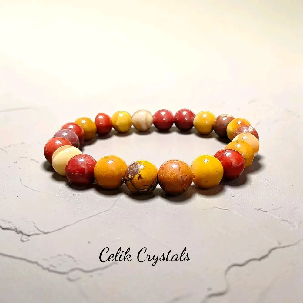 Mookaite Natural Jasper Bracelet, 8mm Unisex Stretch Bead Bracelet with Celik Crystals for Adults' Daily Jewelry Accessories, Earthy Tones