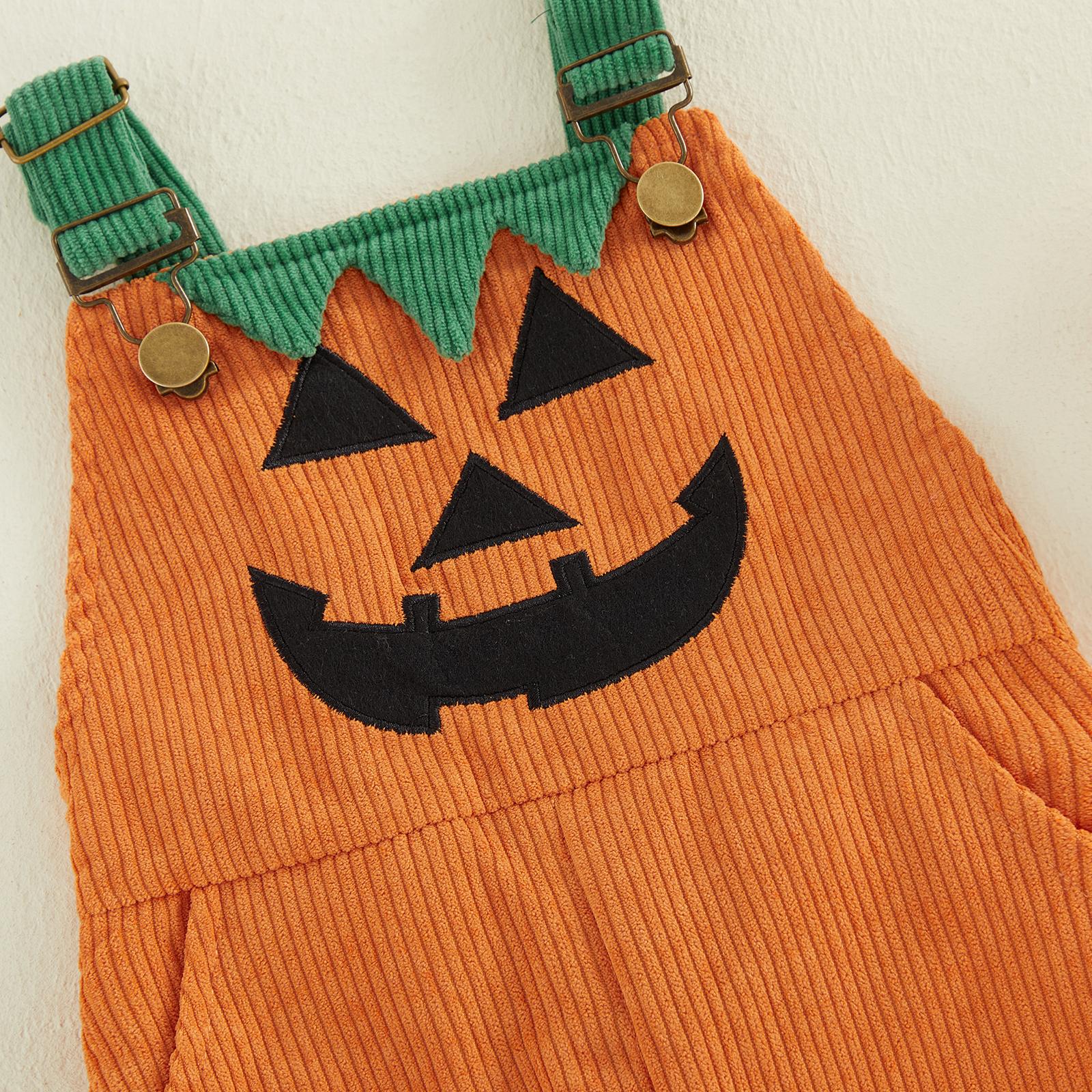 Toddler Corduroy Overalls with Suspenders, Pockets, 2 Ghost/Pumpkin Motifs - Soft Thick Wale, Boy Jumpsuit for Family Gathering, Kindergarten Party Costume