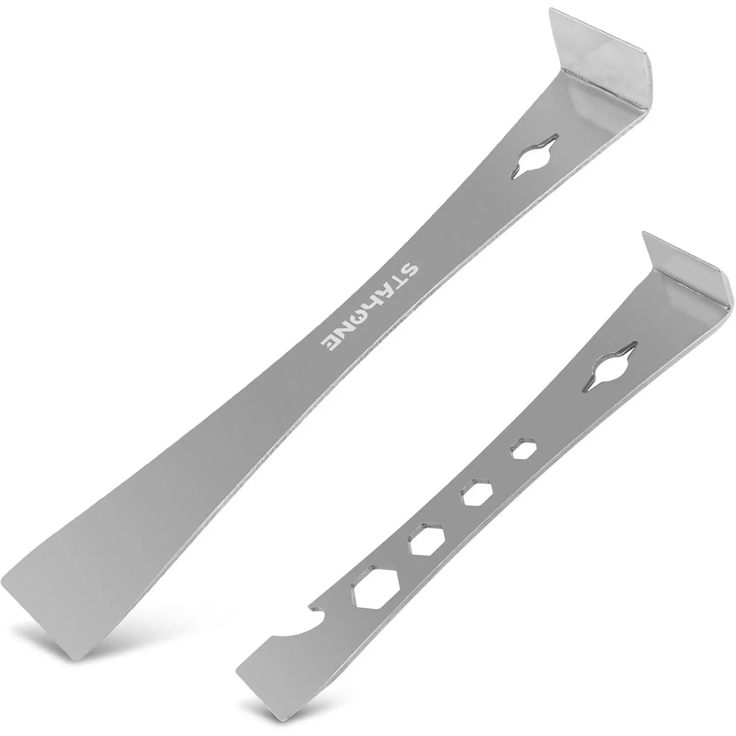 High Strength 2-Piece Stainless Steel Pry Bar Scraper Set for DIY Projects - 9.5" 3-in-1 Flat Pry Bar, 6.6875" Compact Mini Crowbar with Socket Wrench, Bottle Opener, Molding Puller, Baseboard Remover, Corrosion Resistance, Wear Resistance, Multi-Function