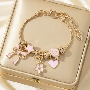 Sweet Pink Beaded Bracelet – Bow and Lollipop Flower Charms with Love Pendant, Girly Fashion Accessory