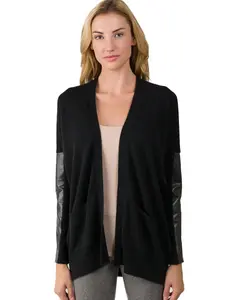 J CASHMERE Women's 100% Cashmere Long Sleeve leather Dolman Cardigan Sweater