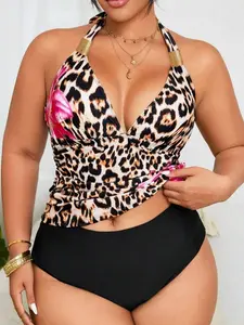 Plus Size Women's Two Pieces Deep V-Neck Leopard Print Halter Backless Sexy Bikini Set for Summer Beach Vacation High Stretch Knitted Fabric