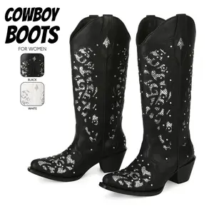 Cowboy Boots For Women Glitter Boot Knee High Pointed Toe Chunky Block Heel Rhinestone Embroidery Bachelorette Country Wedding Music Concert Coachella Cowgirl Rodeo Bridal Festival Party Cowgirl Boots Deals For You Days