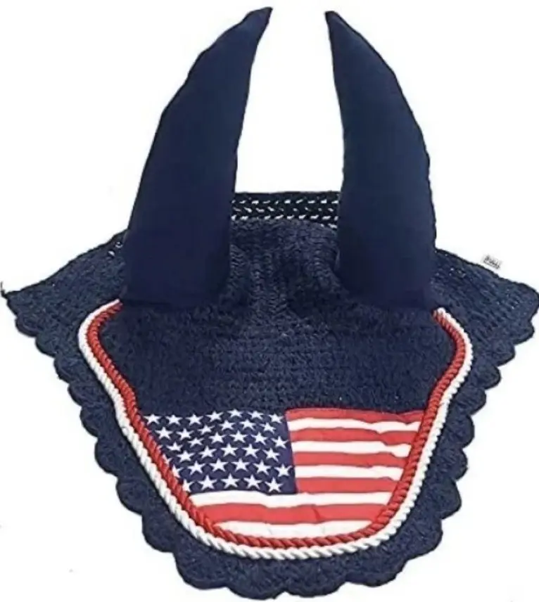 U.S. Flag Horse Fly Bonnet Ear Net Fly Veil Hood Mask Hand Made Crochet Cotton