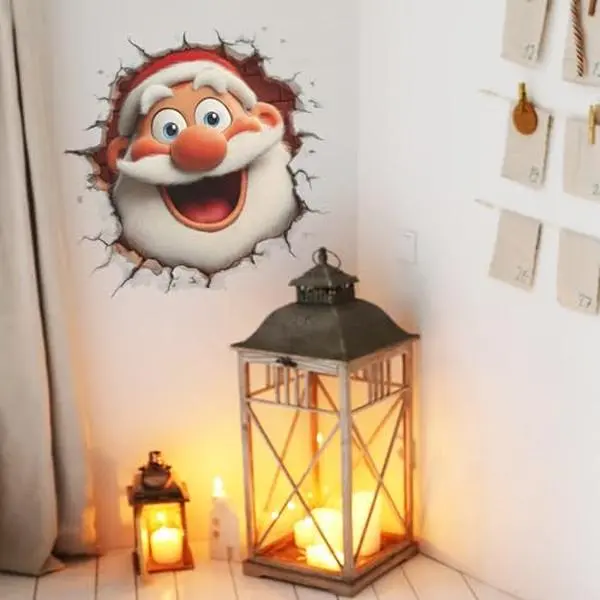 2 Sheets Cute Christmas Wall Decals Peel and Stick 3D Wall-Breaking Santa Claus Wall Stickers Vinyl Winter Xmas Decor for Refrigerator Bedroom Living Room Home Christmas Party Decorations