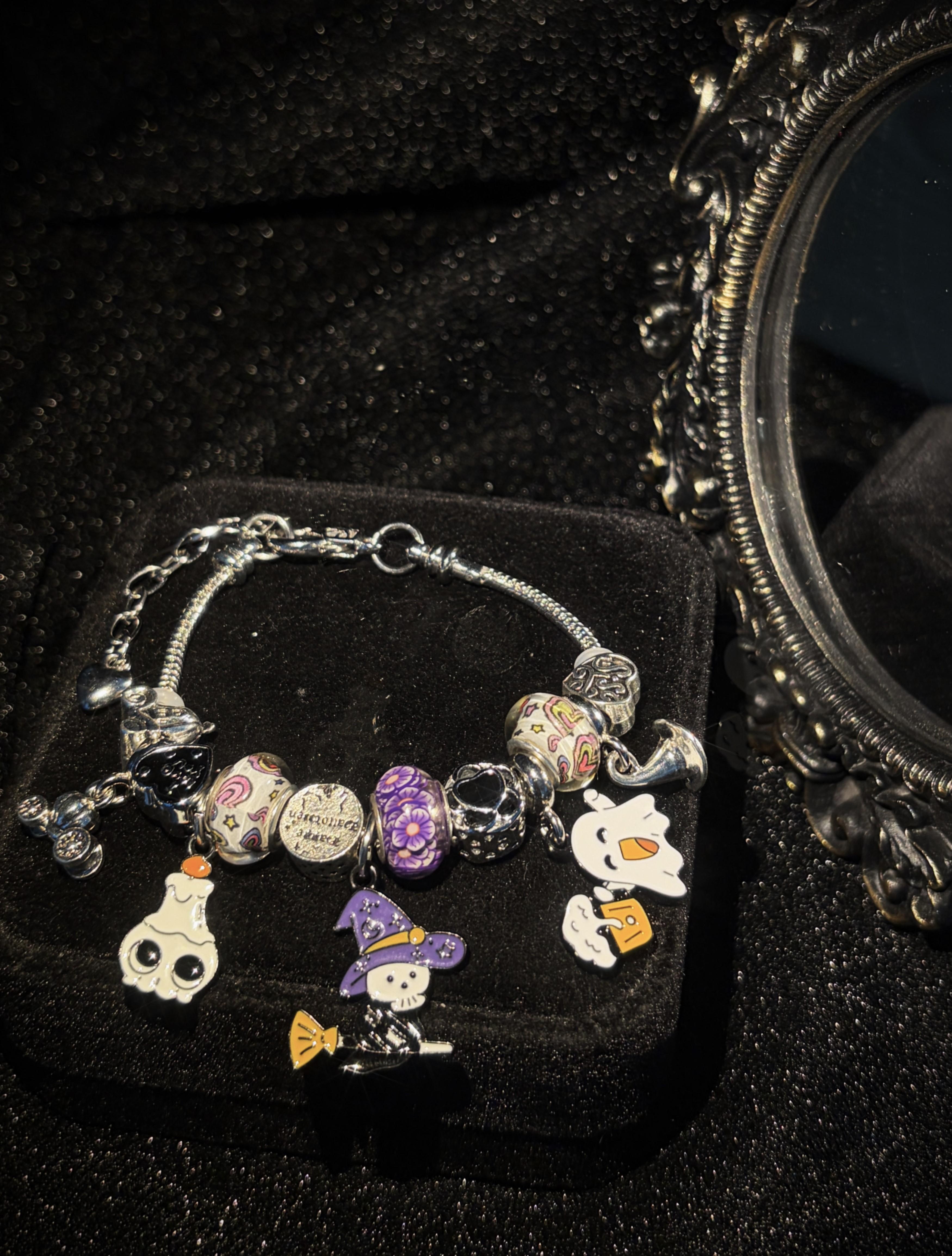 Spooky Cute Halloween Charm Bracelet, Silver Tone Snake Chain Bracelet, Witch Broom Ghost Skull Candle Enamel Dangle Charms, Fun Colorful Large Hole Beads, Halloween Party Costume Jewelry Gift for Her Spooky Cute Halloween Charm Bracelet, Silver Tone Snake Chain Bracelet, Witch Broom Ghost Skull Candle Enamel Dangle Charms, Fun Colorful Large Hole Beads, Halloween Party Costume Jewelry Gift for Her