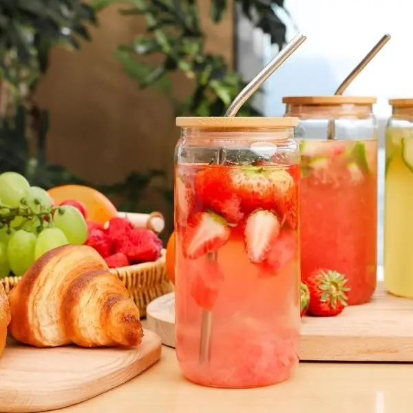 Glass Cups With Bamboo Lids and Straws, 16Oz Ice Coffee Cup, Drinking Glasses Cups, Cute Tumbler Cup for Smoothie, Beer, Soda, Water, Juice