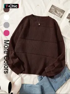 Women's Minimalist Plain Textured Round Neck Sweater, Comfy Clothes for Women, Casual Basic Comfort Drop Shoulder Long Sleeve Jumper for Fall, Ladies Knitwear for Daily Wear, Womenswear, Knit Pullover Tops