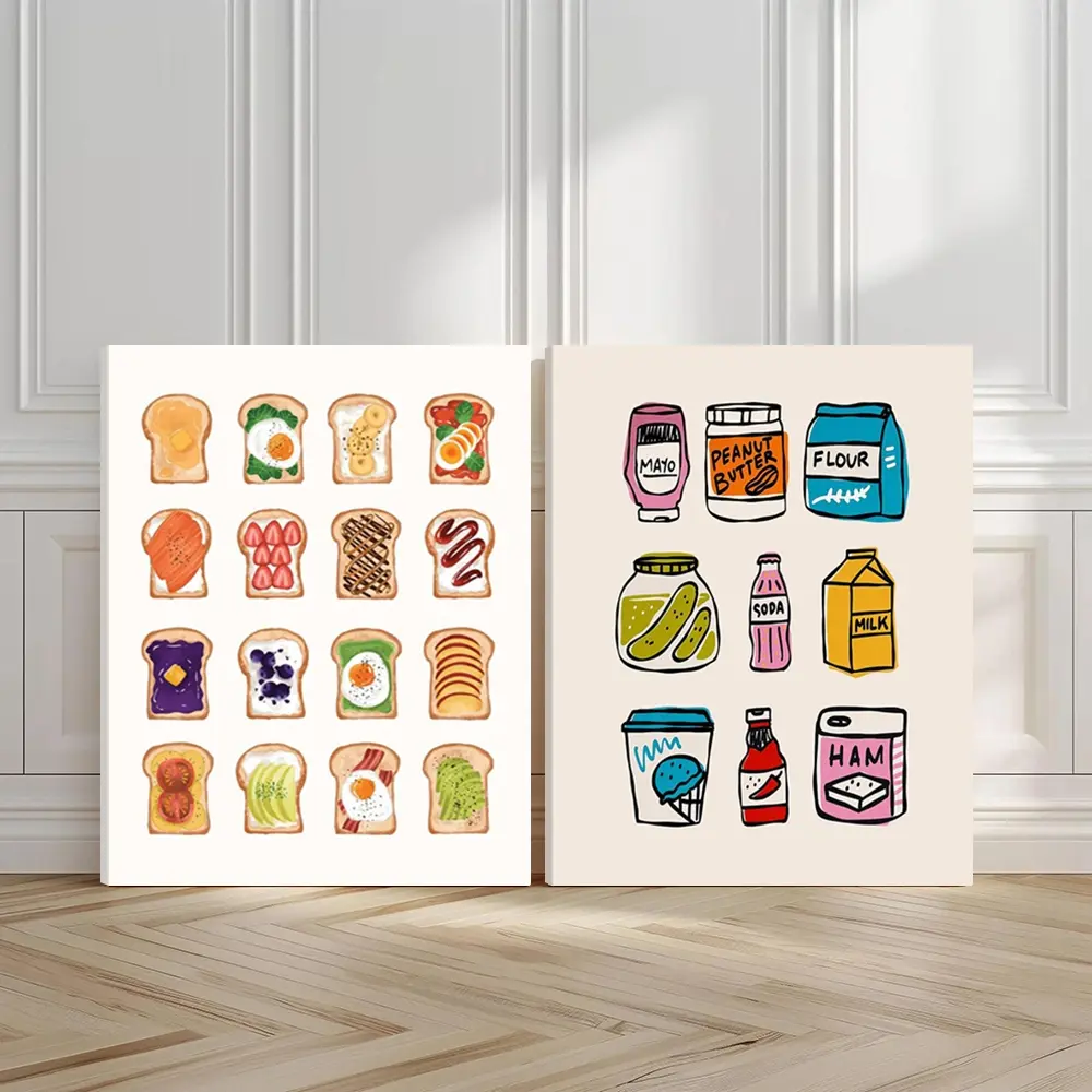 2pcs Bright Breakfast Wall Art, Playful Kitchen Poster, Fun Foods Art Prints, Modern Art Home Decor, Modern Wall Paintings, Minimalist Canvas Posters Wall Arts, Decor for Living Room, Restaurant, Kitchen, Bedroom, Housewarming Gift, With Frame