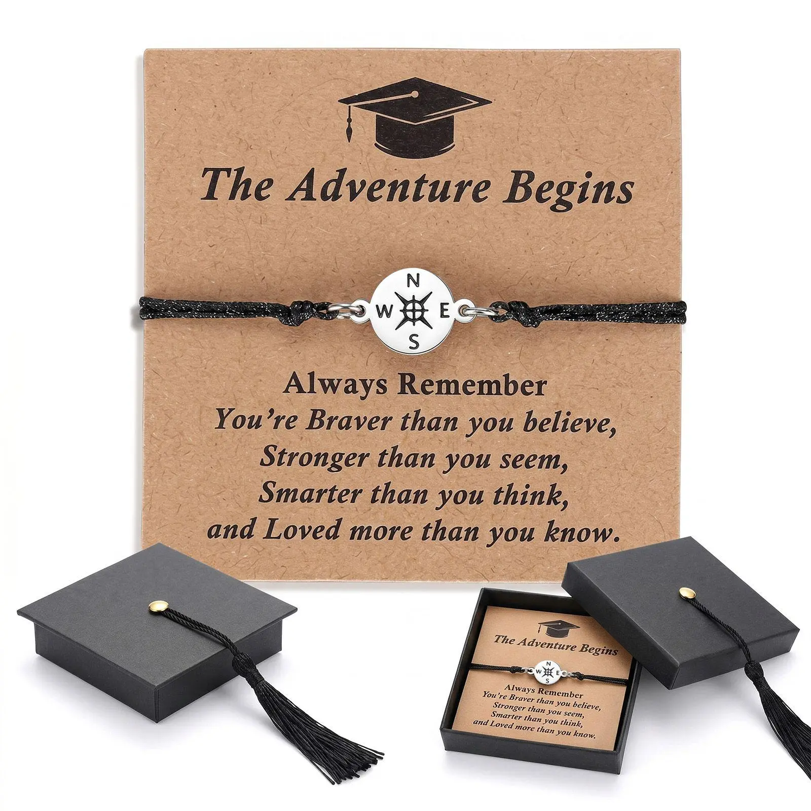 Veliora Class of 2026 Graduation Stretch Bracelet - Hypoallergenic Steel with Compass Charm, Adjustable Inspirational Casual Wear Jewelry, Graduation Gift 2 pt for High School/College Students with Card, Stud Earring Zen Fidget Keepsake