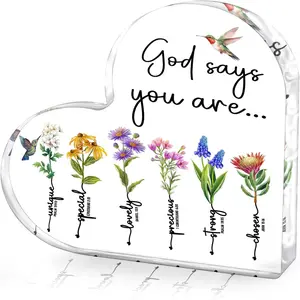 God Says You Are Floral Heart Shape Acrylic Plaque - Christian Religious Desk Decor - Gift For Women Men - Birthday Christmas Keepsake Acrylic heart Plaque