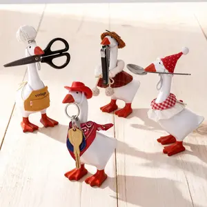 4 Pcs Magnetic Desk Goose Key Holder with Outfits Accessories Desktop Goose Costume Clothes&Accessory(Including Goose and Clothes) Desktop Sculpture for Home Decor Tool Rack for Bedroom, Office, Hotel, Decor Desktop Statue, Resin Animal Sculptures