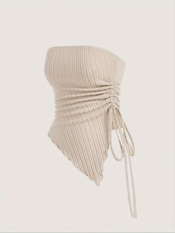 Women's Solid Ruched Backless Crop Tube Top, Casual Drawstring Asymmetrical Hem Sleeveless Top for Summer, Minimalist Women's Clothing for Daily Wear, Casual Fitted Sleeveless