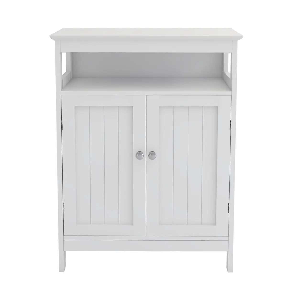 White Minimalist Freestanding Cabinet Bathroom Furniture - E1 MDF UV-Painted, Scratch-Resistant, Clean Design, Open Shelf, Adjustable Interior Shelf, Double Shutter Doors, Cuboid Space-Saving Organizer, Compartmental, Flatpack, Bath Storage Solutions, Mdf