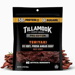 Tillamook Beef Jerky, Country Smoker PRO Edition, Zero Sugar, Teriyaki, 2.14 Oz, Real Hardwood Smoked Fresh Angus Beef, Low Carb, High Protein, Ready to Eat Keto Snack for Athletes, Gluten Free
