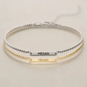 「NGLHM」Personalized Engraved Bar Bracelet, Custom Name Delicate Bracelet for Women, Minimalist Sterling Silver Box Chain, Leave Your Engraving Name in Order Notes, Meaningful Gift for Her