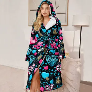 Luxury Women's Hooded Bathrobe, Casual Long Plush Soft Bathrobe, Leopard Heart Pattern, Perfect Gift for Mother and Wife
