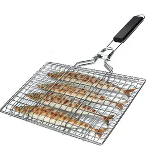 Rustproof Stainless Steel Grill Basket, Fish Grill Basket, BBQ Grilling Basket for Meat Steak, Outdoor Grill Accessories, BBQ Tools, Barbecue Utensils, Grilling Gifts for Men Dad