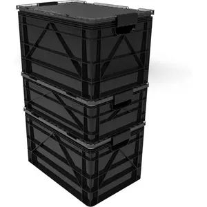 CRATE Starter Pack - Two Full Size and One Half Size SidioCrate, Stackable Outdoor Organizer Storage Bins with Clear Lid and Dividers - Black