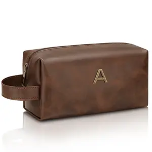 CLOUDWINGS Men’s Personalized Gift Initial Travel Toiletry Bag for Him PU Leather Waterproof Shaving Bag for Travel Essentials Birthday Gift for Dad Husband Boyfriend (A)
