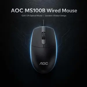 AOC Ergonomic Wired Gaming & Office Mouse, 1200 DPI Optical Tracking, Long Lasting 1 Million Click Buttons, 1.5 Meter Long Cable, Lightweight Portable Mice, Compatible with All Desktop & Notebook Computers for Daily Use