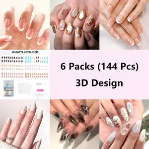 144 Pcs Press On Nails (6 Packs) | Nude Pink & French Mix Designs | 3D Texture, Metallic Gold & Chrome Pearl Finish | Almond Shape Luxury Style | Acrylic Overlays Look & Acrylic Soft Gel Feel | Reusable Stick On Nails with Jelly Glue | 12 Sizes