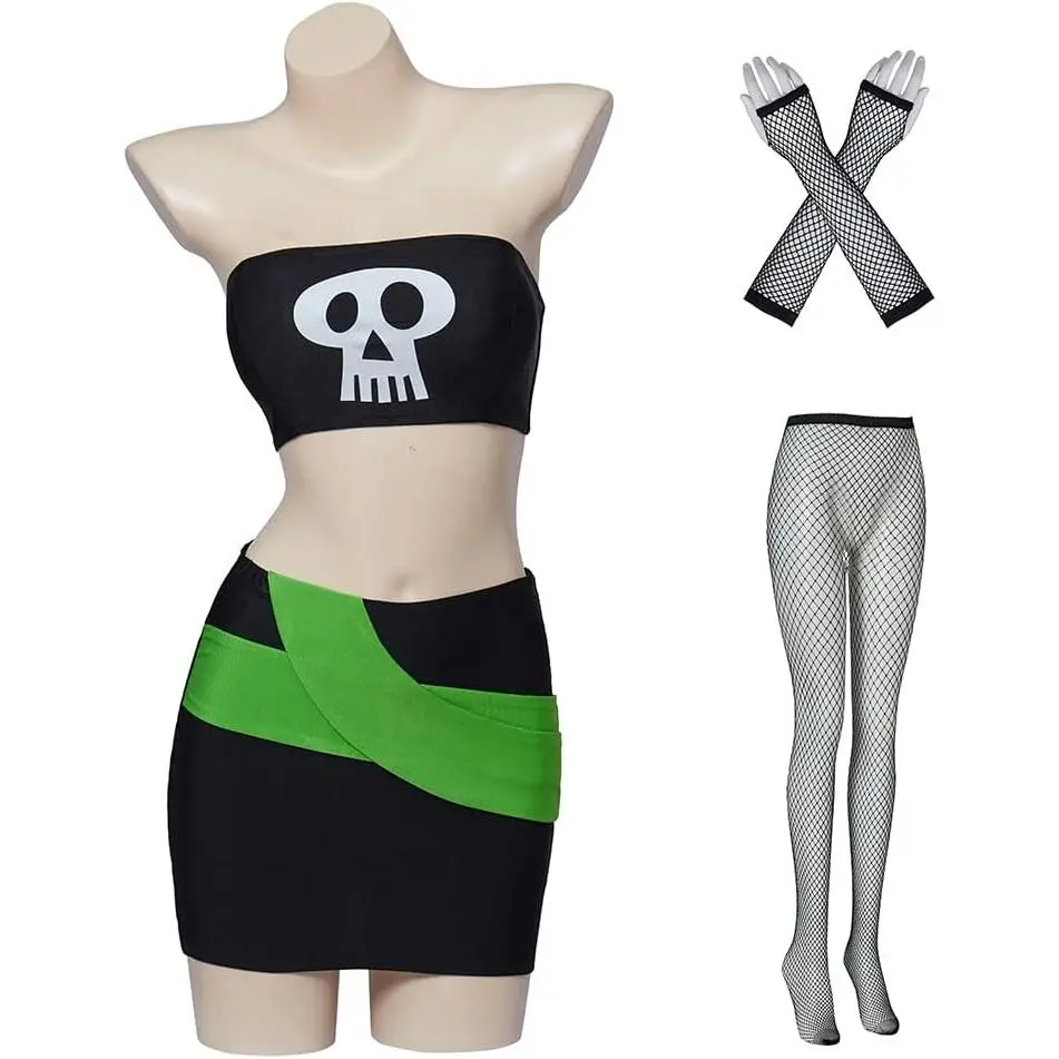 Women's Danny Phantom Cosplay Sam Manson Costume Skull Print Sexy Crop Top Mini Skirt Set