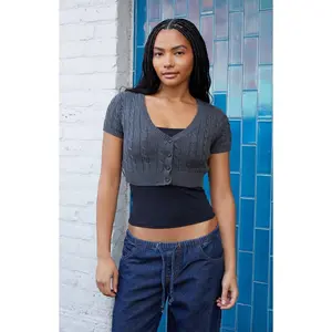 John Galt Women's Gray Cable Knit Cropped Cardigan