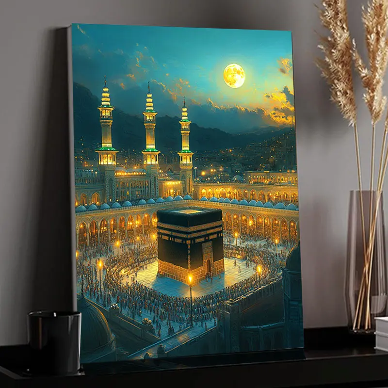 Framed and Canvas Painting: Islamic Mosque Mecca Kaaba Night View Wall Art, Used for Home Decoration, Religious Decorations, Living Room, Bedroom, Office Muslim Gift, Religious Artwork, High-Definition Print, Modern Artwork, Spiritual Decoration