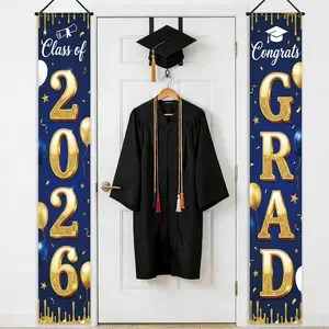 Graduation Party Banner Set, Blue Background with Ribbon Diploma Cap Design, Polyester Material, Indoor Outdoor Hanging Decoration