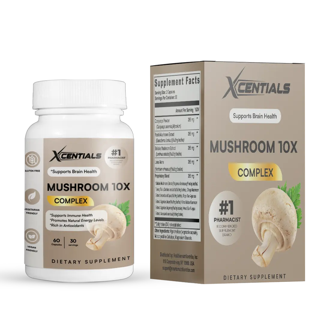 Xcentials Mushroom 10X Complex - 2600mg Vegan Capsules for Energy & Immune Support - 60 Count - Natural Supplement for Healthcare & Fitness