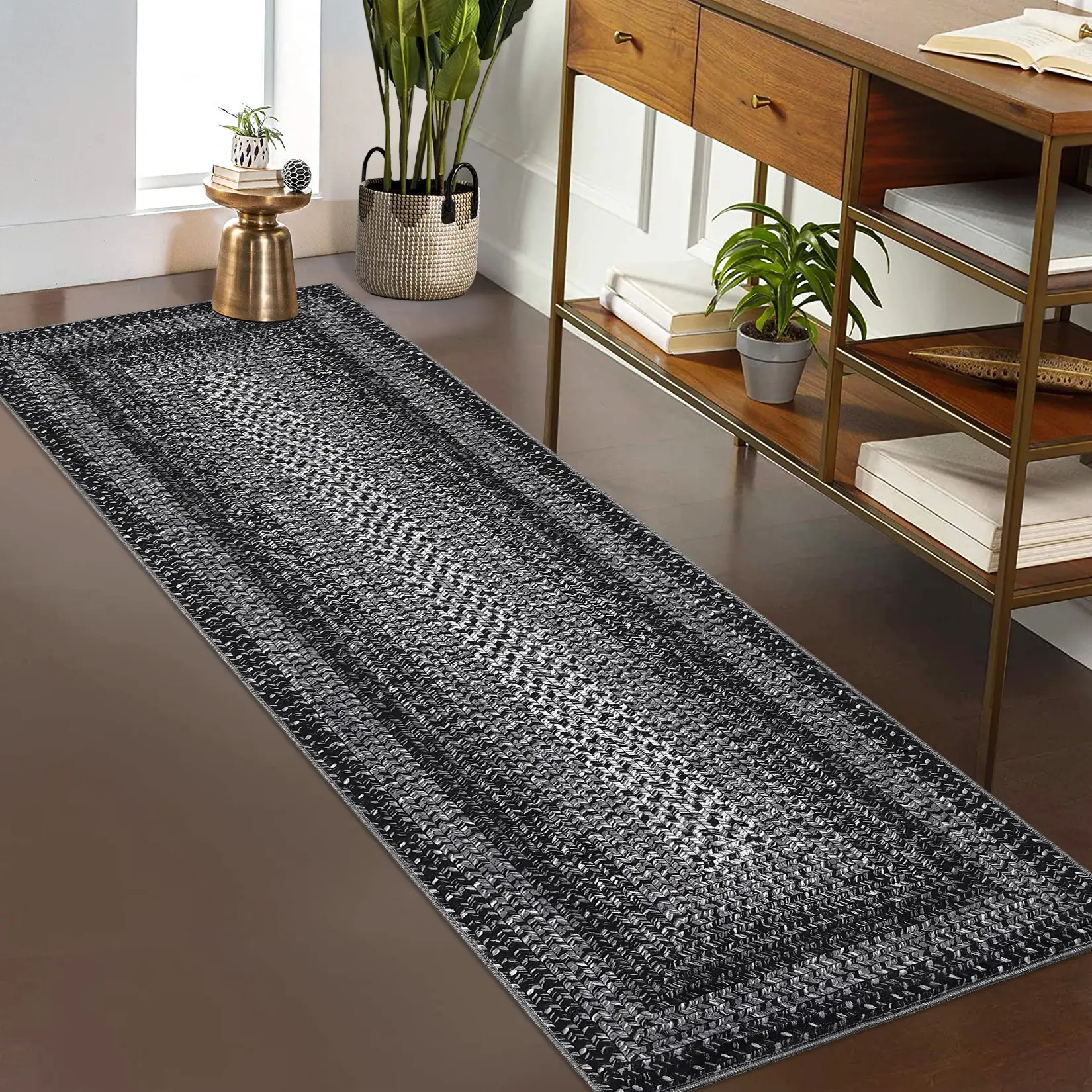 Garvee Washable Printed Area Rug, Farmhouse Braided Print - Ultra-Thin Low Pile, Non-Slip Rubber Backing, Mark Resistant, Collapsible Accent Carpet for Bedroom, Living Room, Entryway