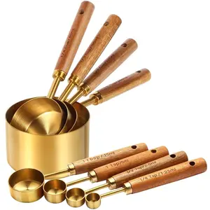 Golden Stainless Steel Measuring Cup Set with Acacia Wood Handle 8PCS Multi-Functional Kitchen Tool for Dry & Liquid Ingredients Essential Cooking Utensil Wooden Spoons Kitchenware