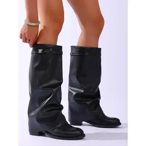 Women's Shark Lock Fold Knee Boots, Wedge High Heel Design, Zipper Closure, Round Toe, Luxury Fashion Booties, Boots Shoes, Solid Color Boots