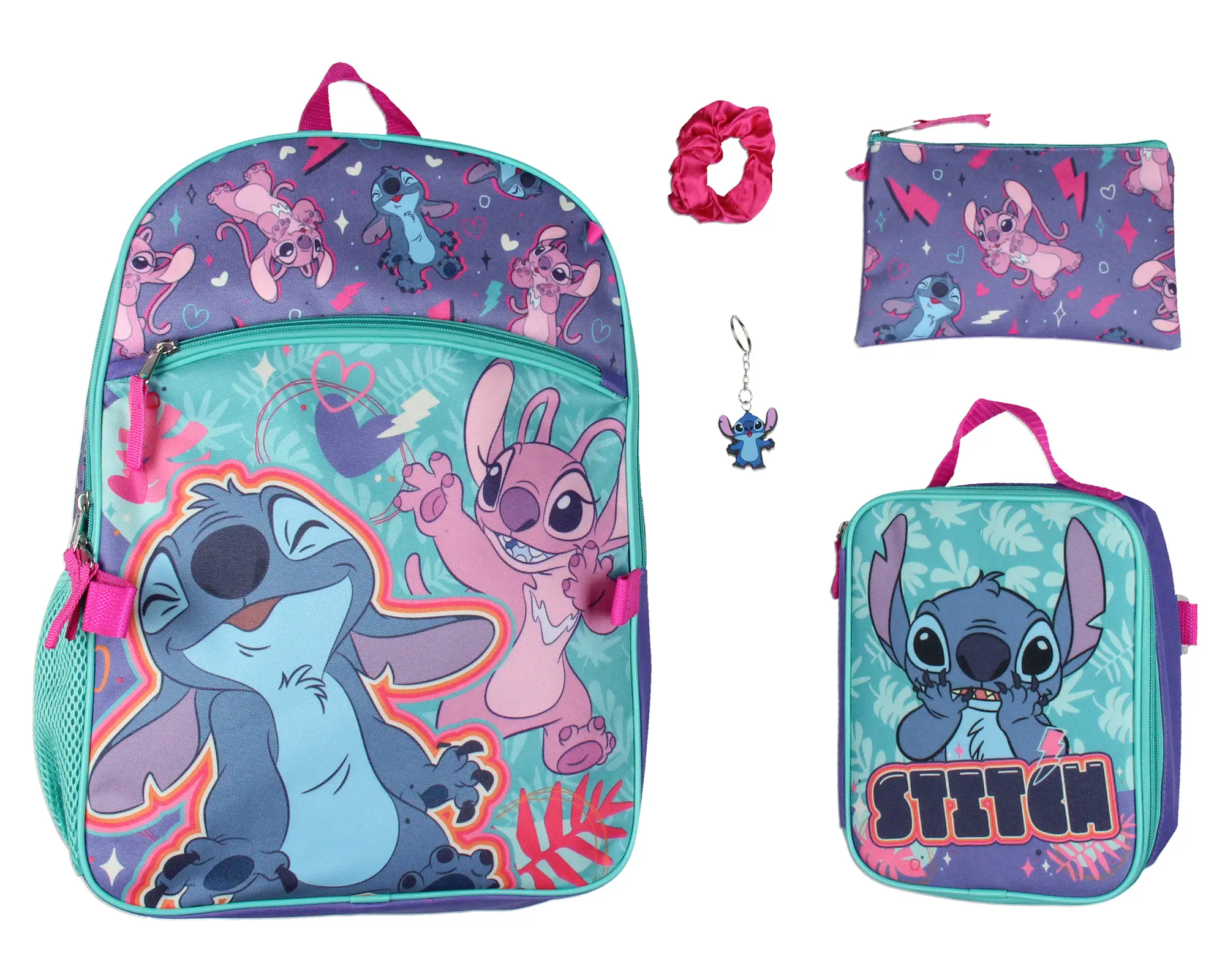 Disney Lilo and Stitch Angel 5 Pc Set Backpack Lunch Box Key Chain Pencil Case Scrunchie 16"