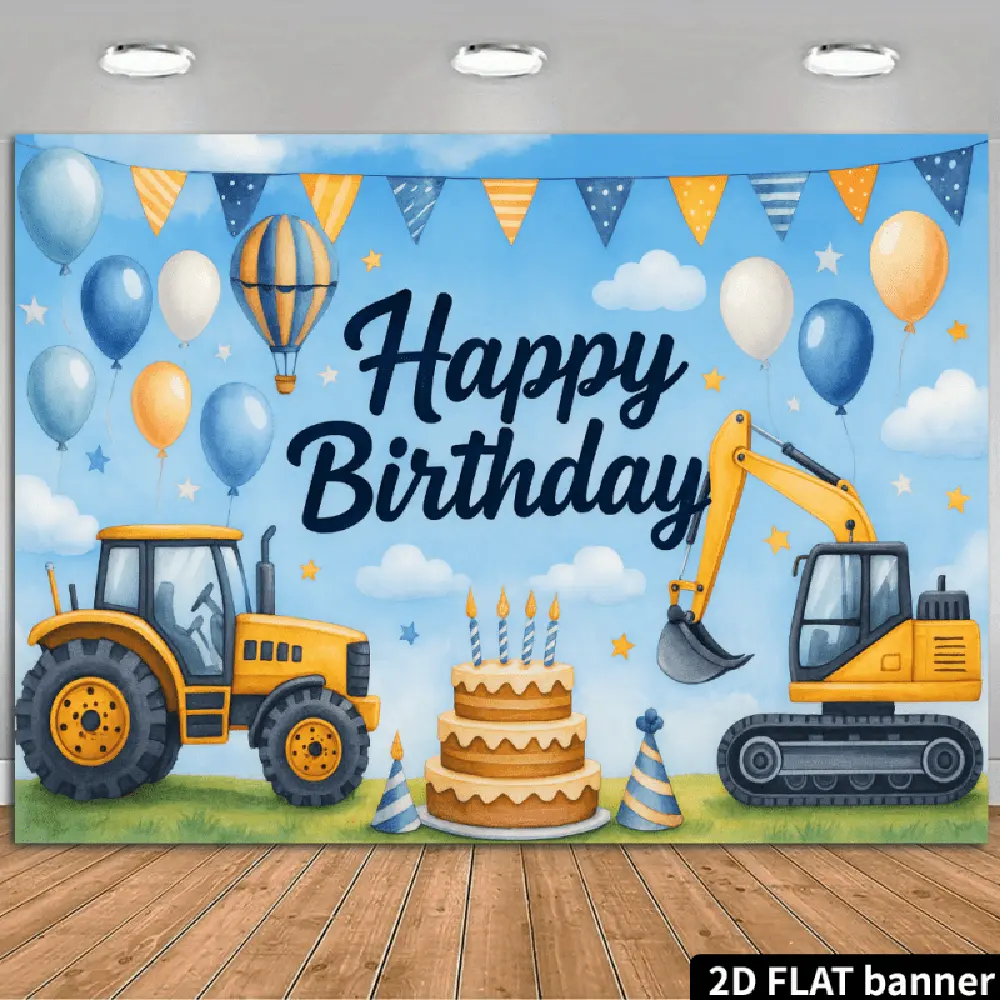 1PC Reusable Polyester 2D Flat Backdrop - Construction Print, Excavator Theme, Tractor Balloon Party Banner, Photo Background Cloth for Baby Boy 1st Birthday Decor, Baby Boys, One-Piece