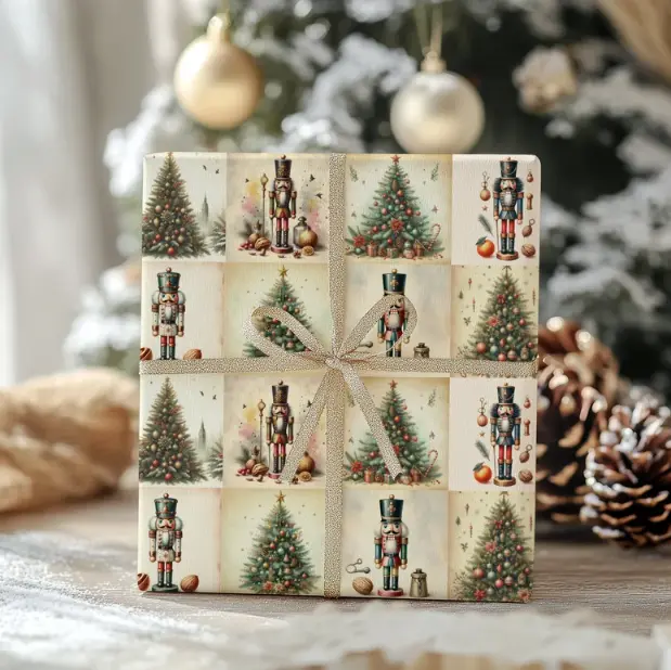 Nutcracker Wrapping Paper, Vintage Style Christmas Tree Gift Wrap, Retro Holiday Paper