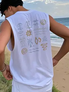 Men's Polynesian Island Totem Vest, Beach Surfing Vacation Sleeveless Top, Casual Fitted Graphic Shirt Without Zipper and Collar
