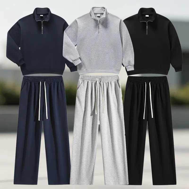 Men’s two-piece athletic set featuring a stand-collar sweatshirt paired with wide-leg sweatpants; casual athletic sweatshirt outfit suitable for fitness and everyday wear; loose-fit athletic casual set.