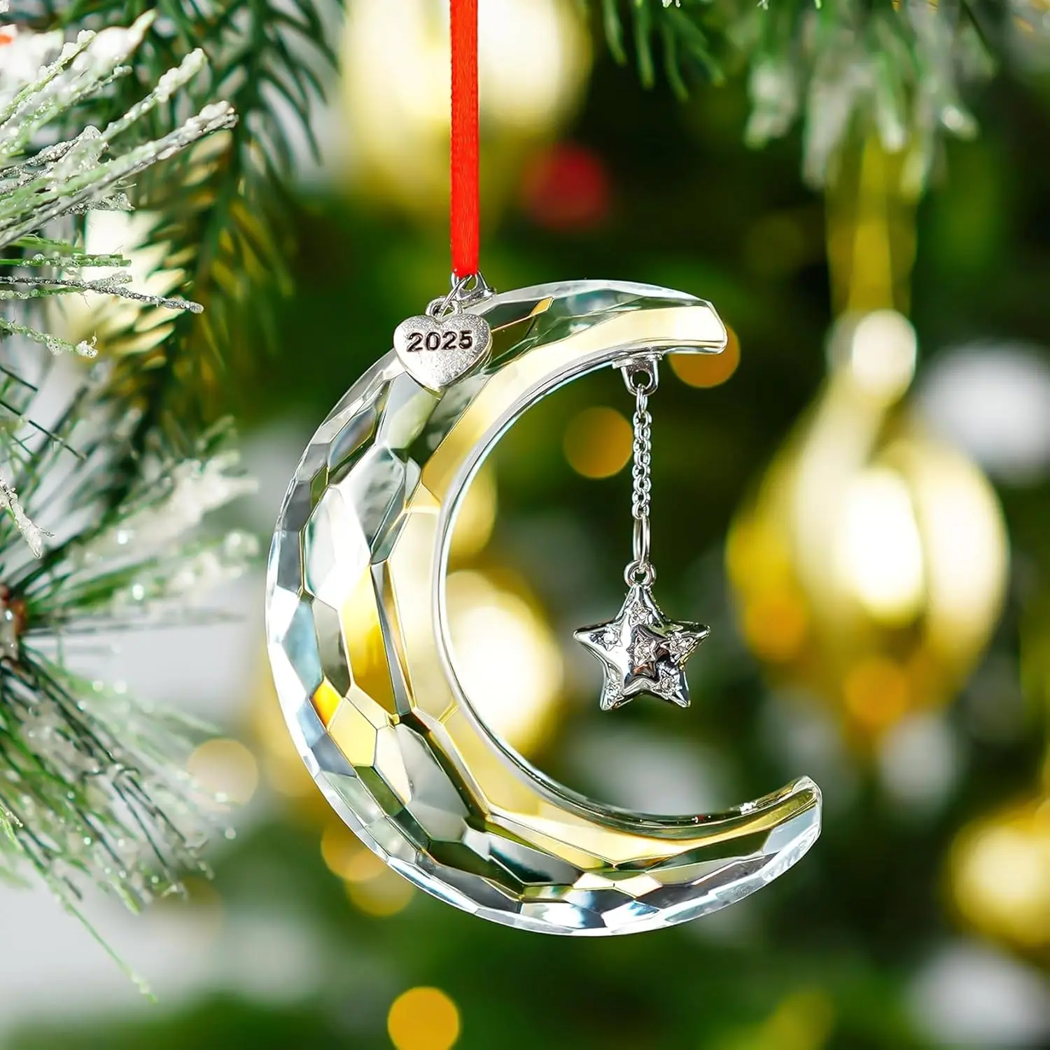 DORA 2025 Christmas Moon Ornament Crystal Christmas Moon Hanging Ornament Clear Crystal Suncatcher Ornament for Xmas Winter Party Home Decor