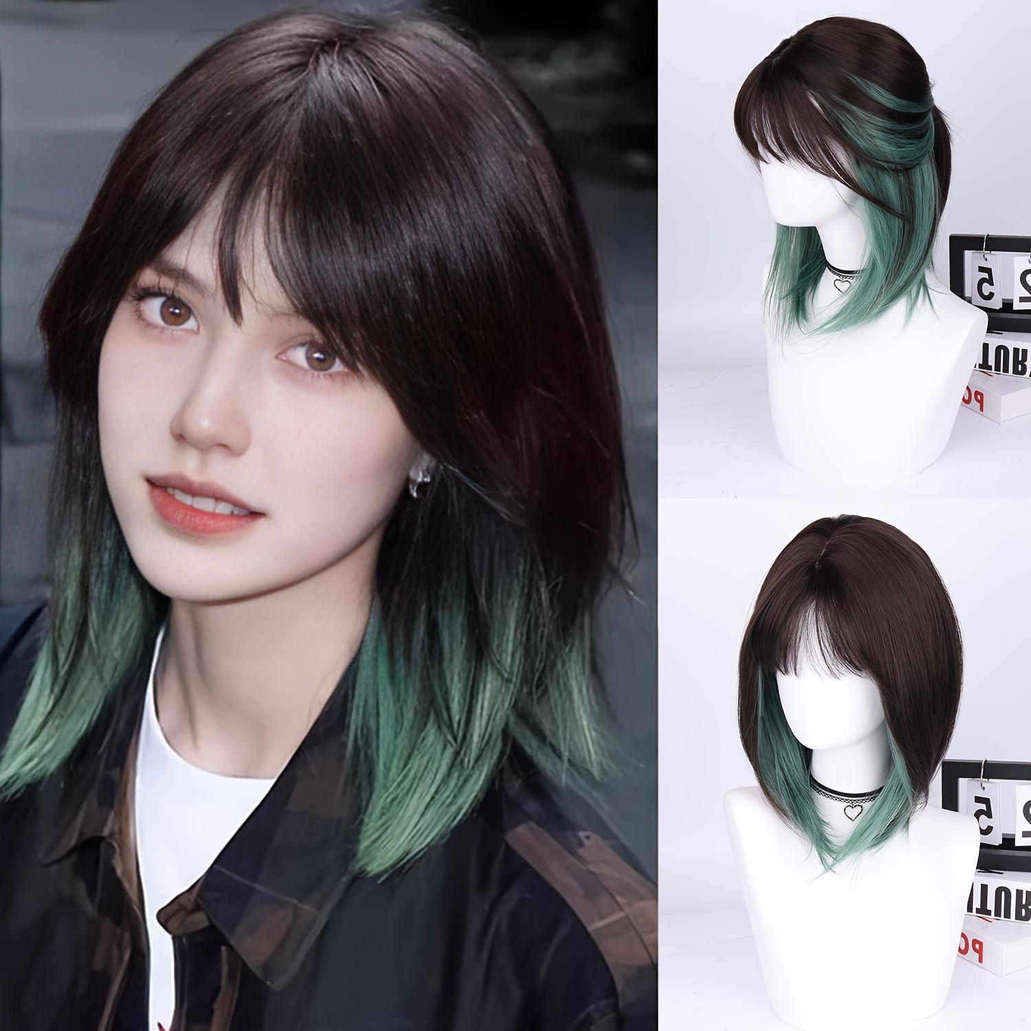 Dark Black Green Mixed 16-Inch Short Bob Straight Wig with Bangs, High-Density Synthetic Hair, Rose Net Cap for Halloween, Christmas, Cosplay & Parties