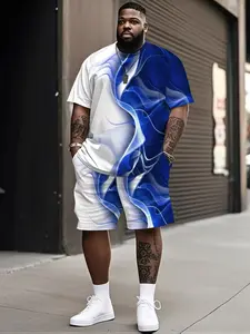 Men's Fashionable T-Shirt Shorts Set, Street Style 3D Short Sleeve Loose Fit Casual Colorful Line Print Suit, Plus Size Comfortable