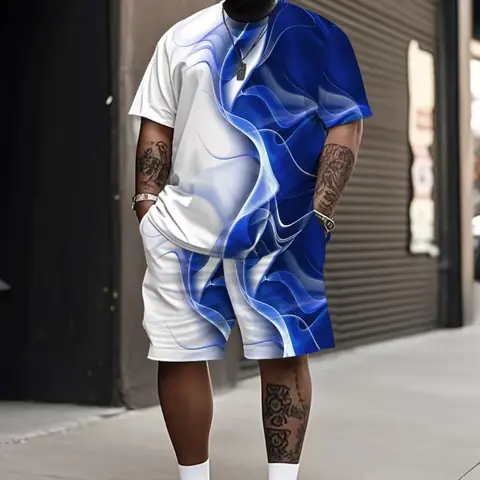 Men's Fashionable T-Shirt Shorts Set, Street Style 3D Short Sleeve Loose Fit Casual Colorful Line Print Suit, Plus Size Comfortable Streetwear, Menswear Outfits Set