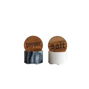 2-1/2"Rnd Marble Salt &Pepper Pot w/ Wood Lid, 2 Styles