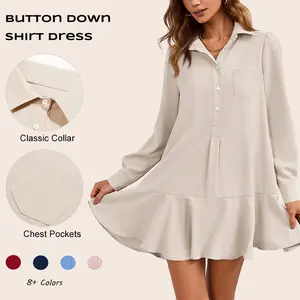 Imily Bela Womens Casual Button Down Shirt Dress Fashion Long Sleeve Collared Pleated Swing Mini Dresses