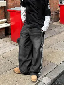Y2K Street Hip-Hop Rock Denim Jeans, Fashion Striped Design, Vintage Loose Style, Casual Natural Waist Jeans, All Seasons