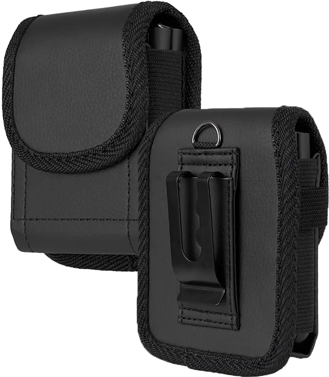Case-Compatible Pouch for Motorola RAZR and Samsung Z Flip Series, Nakedcellphone Vegan Leather Holster Holder [Belt Loop, Metal Clip, Magnetic Closure] for Moto RAZR+ Ultra/Plus 2026/2025/2024, Black