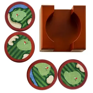 Khen Golf Hand-Stitched Needlepoint Coasters - Set of 4